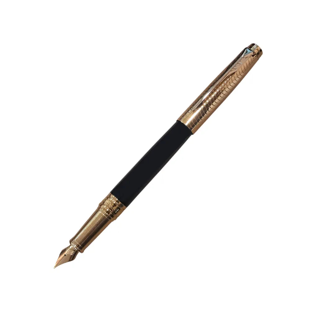 The Parker Aster Black &amp; Gold Contemporary GT Fountain Pen is part of the Parker Aster Premium collection. Parker presents this Aster Contemporary fountain pen that looks elegant with its lacquered black barrel. The brushed golden finish at the gripping section ensures a comfortable grip and an enjoyable writing experience. The golden accents on the satin gold lacquered cap further add to the appeal of this fine writing instrument. This is a cap on/cap off pen that uses standard Quink cartridges and del