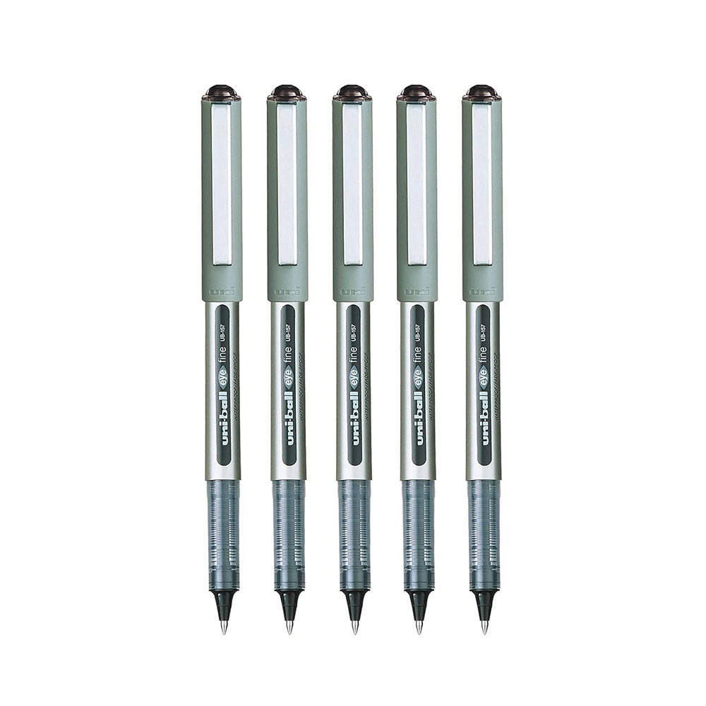 Uni-ball Eye UB 157 An established product with reliable features that have been favoured worldwide for more than 20 years. The “UNI-FLOW SYSTEM” ensures a continuous write with the same thickness to the very last drop of ink. Regarded as the “The World’s Pen”. Body : Grey Ink color: Black Stainless Steel Tip, 0.7mm tungsten carbide ball, Plastic(PP) barrel Super long lasting ink, Smooth, Stainless steel tip. Waterproof Ink (Black, Blue, Red & Green only) Blister Pack Pack of 5 Country of Origin: Japan
