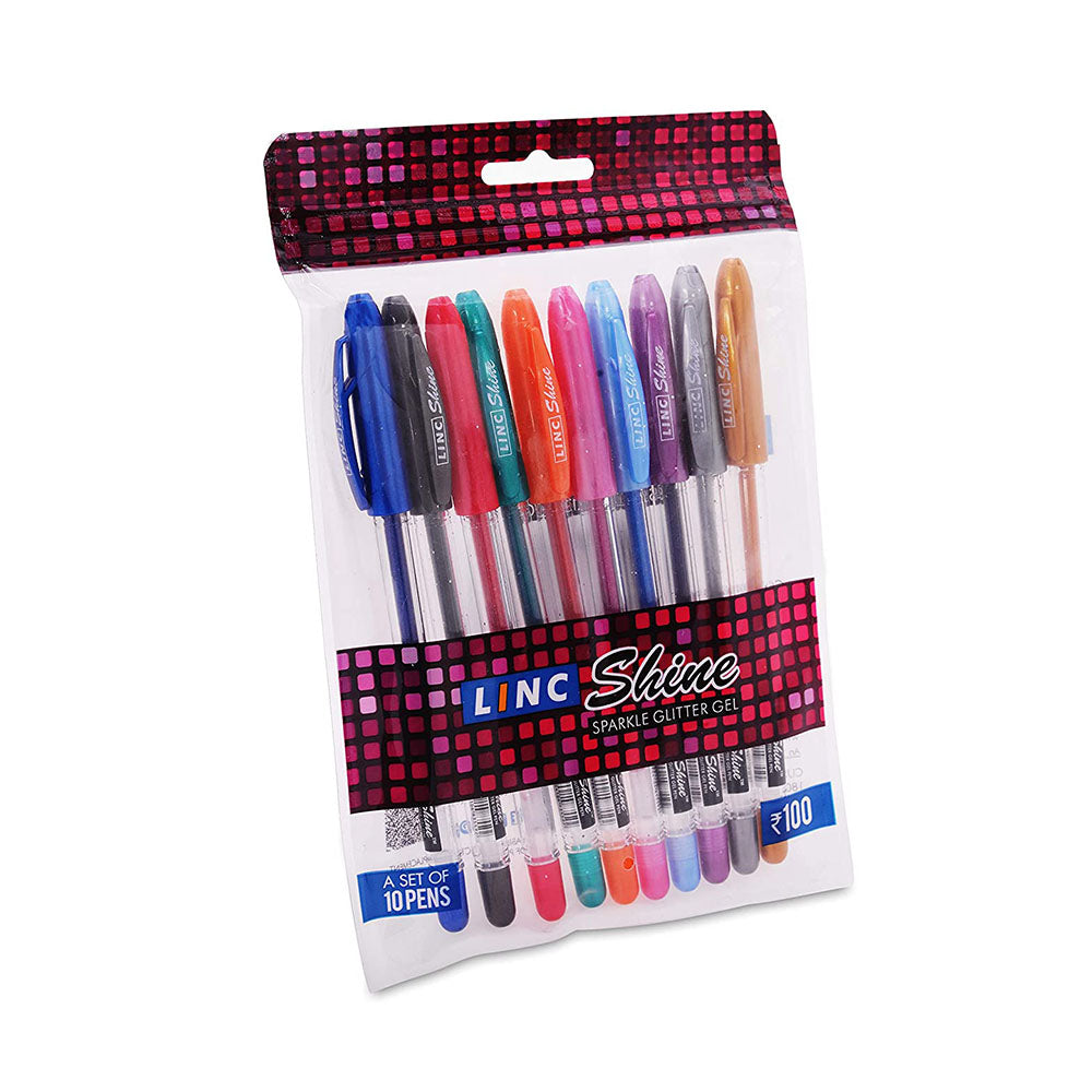 Linc Shine Sparkle Glitter Gel Pen 10 Pcs (Multicolour) - Pack of 2