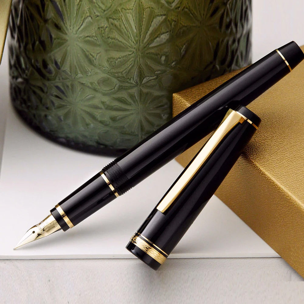 Pilot Falcon Black Resin with Gold Trim Fountain Pen - 14Kt Gold Soft Broad Nib