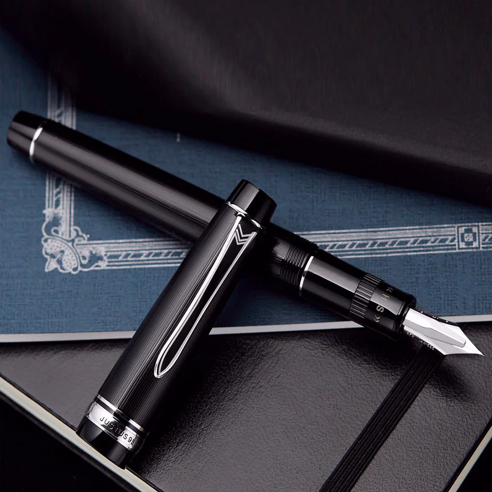 Pilot Justus 95 Stripe Black Resin with Rhodium Trim Fountain Pen - 14Kt Gold Medium Nib