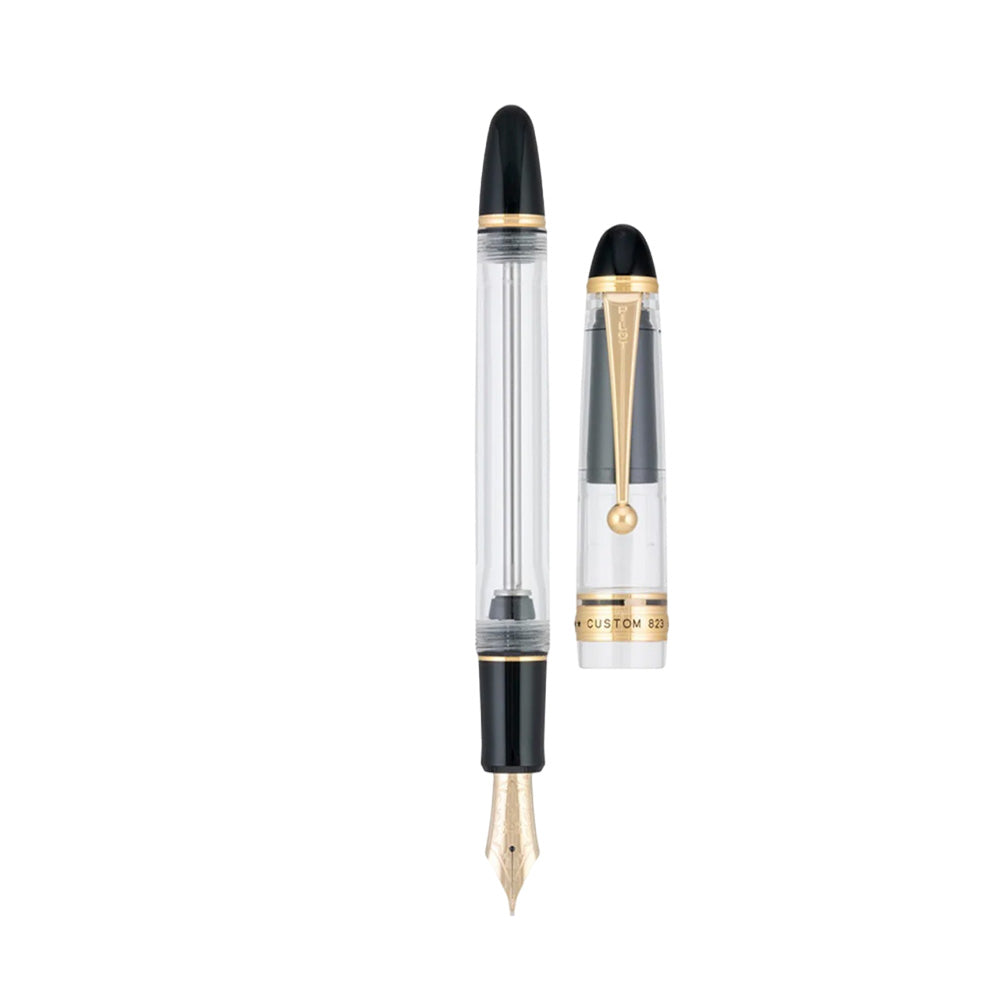 Pilot Custom 823 Transparent Clear Resin GT Fountain Pen with Black Ink Bottle  - 14Kt Gold Broad Nib