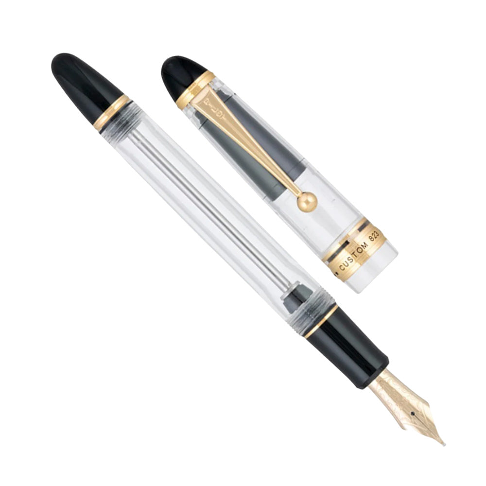Pilot Custom 823 Transparent Clear Resin GT Fountain Pen with Black Ink Bottle  - 14Kt Gold Medium Nib