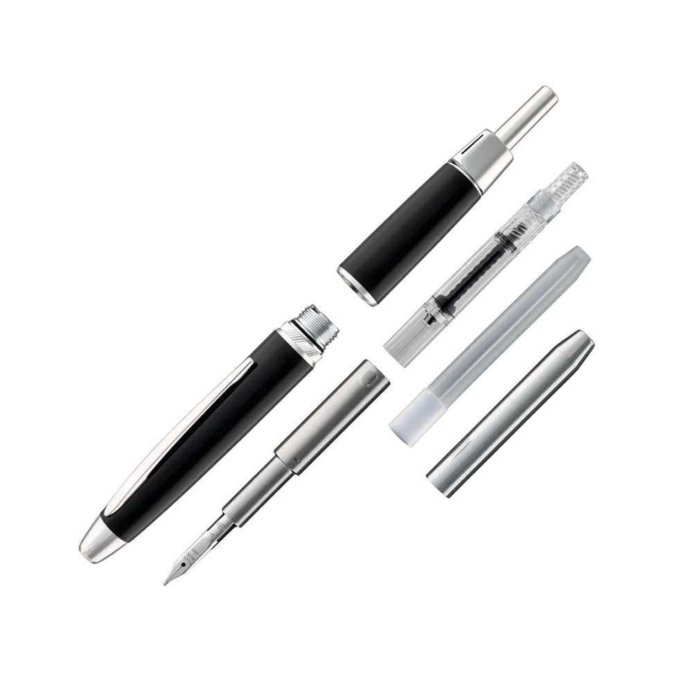 Pilot Capless LS Luxury Black with Rhodium Silver Trim Fountain Pen – 18Kt Gold Rhodium-Plated Medium Nib