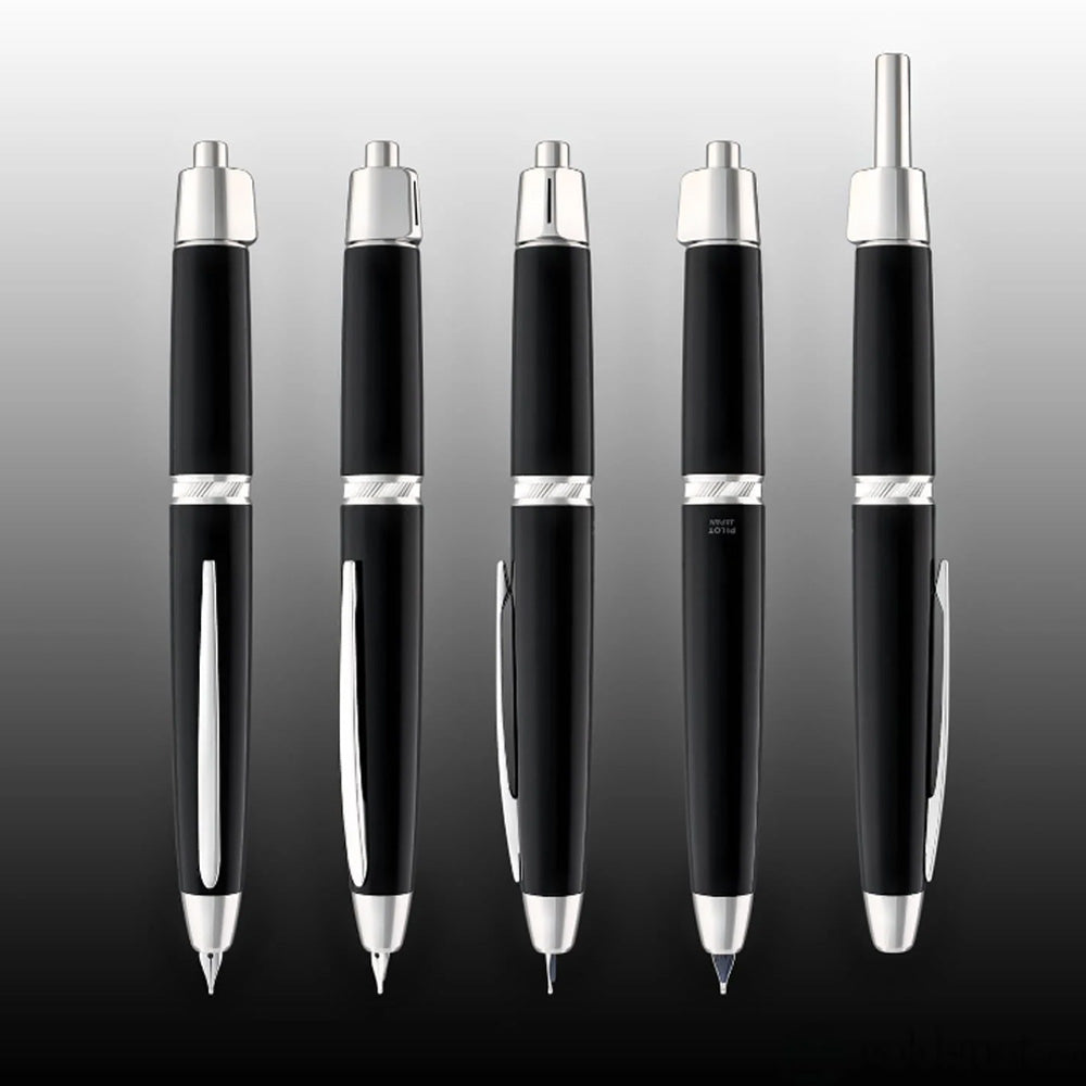 Pilot Capless LS Luxury Black with Rhodium Silver Trim Fountain Pen – 18Kt Gold Rhodium-Plated Medium Nib