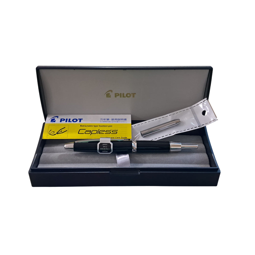 Pilot Capless LS Luxury Black with Rhodium Silver Trim Fountain Pen – 18Kt Gold Rhodium-Plated Medium Nib