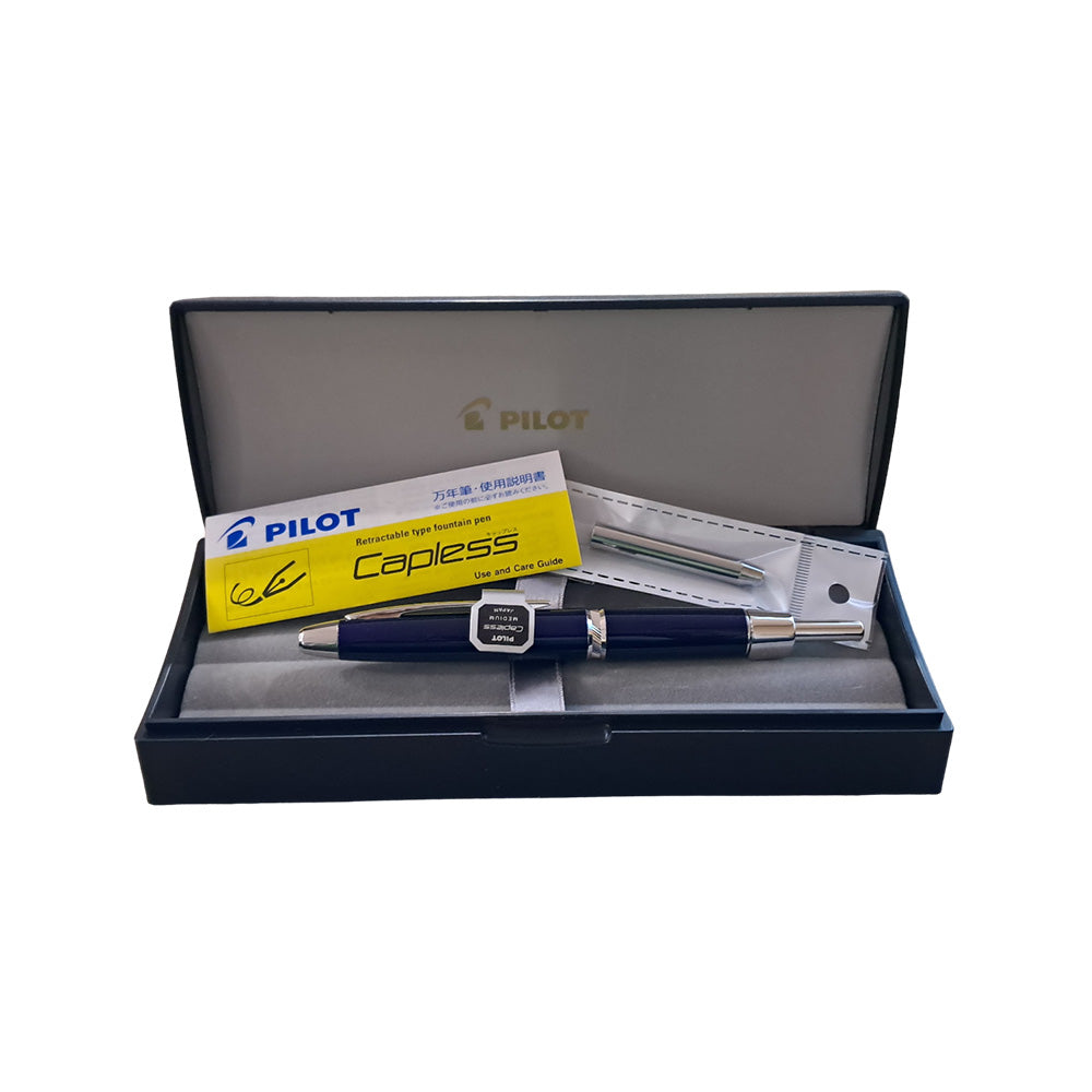 Pilot Capless LS Luxury Blue with Rhodium Silver Trim Fountain Pen – 18Kt Gold Rhodium-Plated Fine Nib