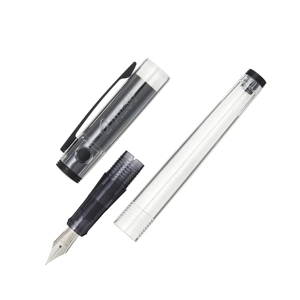 The Pilot Explorer Clear Fountain Pen is a writing instrument manufactured by Pilot Japanese company that specializes in pens and writing instruments. This clear resin pen allows you to see your ink inside, and is complemented by black trim. It has a snap cap and comes with a Pilot ink cartridge (Converter Not Included). The Pilot Explorer features a contemporary barrel design perfectly weighted and balanced for a premium writing experience. The fountain pen features a stainless steel nib that allow smooth 