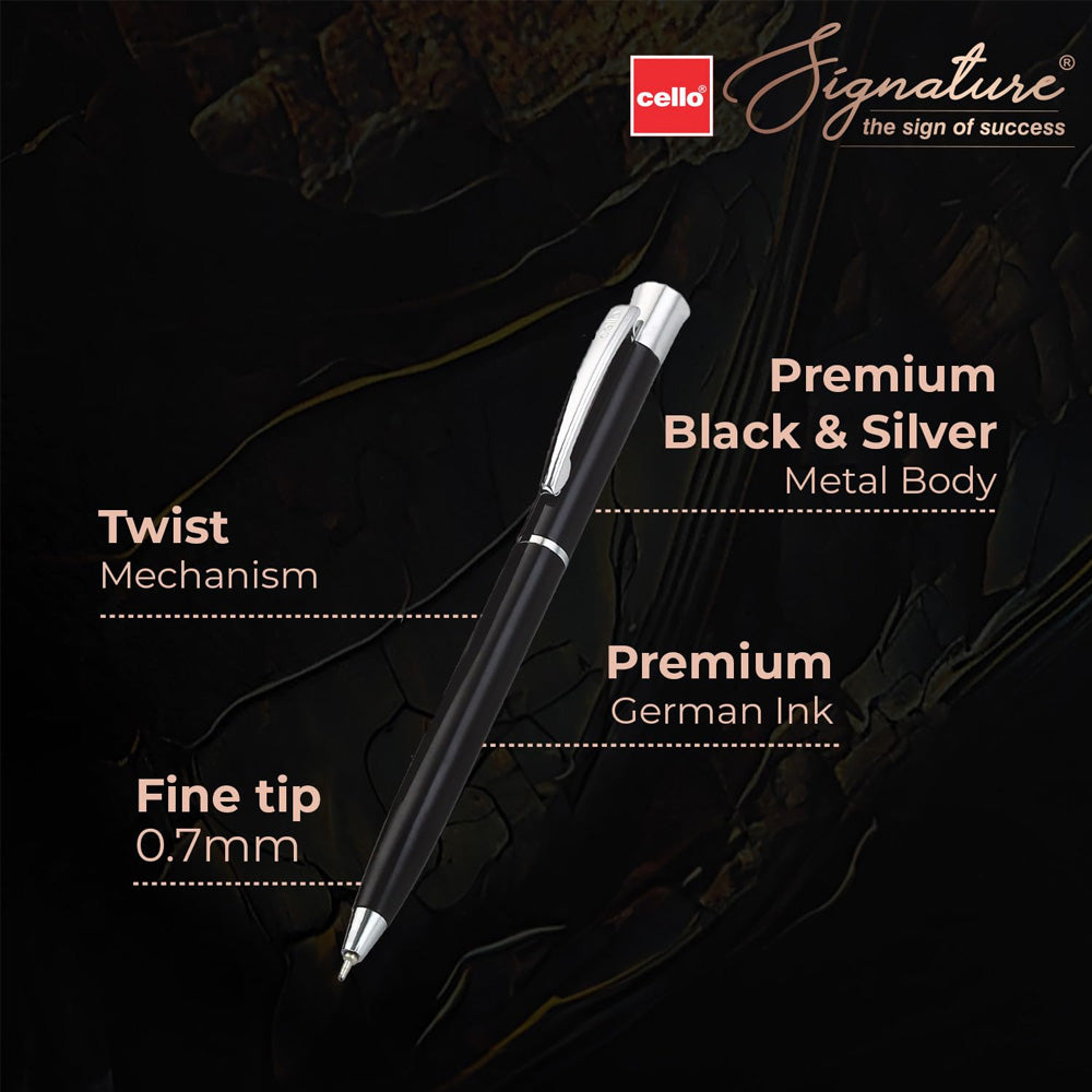 Proudly presenting finely handcrafted textured Signature Optima Ball Pen with twist mechanism and premium German Ink along with Metal mobile stand, which is perfect for an office desk. The Cello Signature Supreme Gift set is inclusive of metallic Carbon slim ball pen and a hardbound A5 notebook. Premium Metal Slim Mobile stand with Optima (Black and silver look) Metal Ball Pen Premium Gift box ideal for gifting Twist Mechanism Metal Pen 0.7mm Tip for fine writing