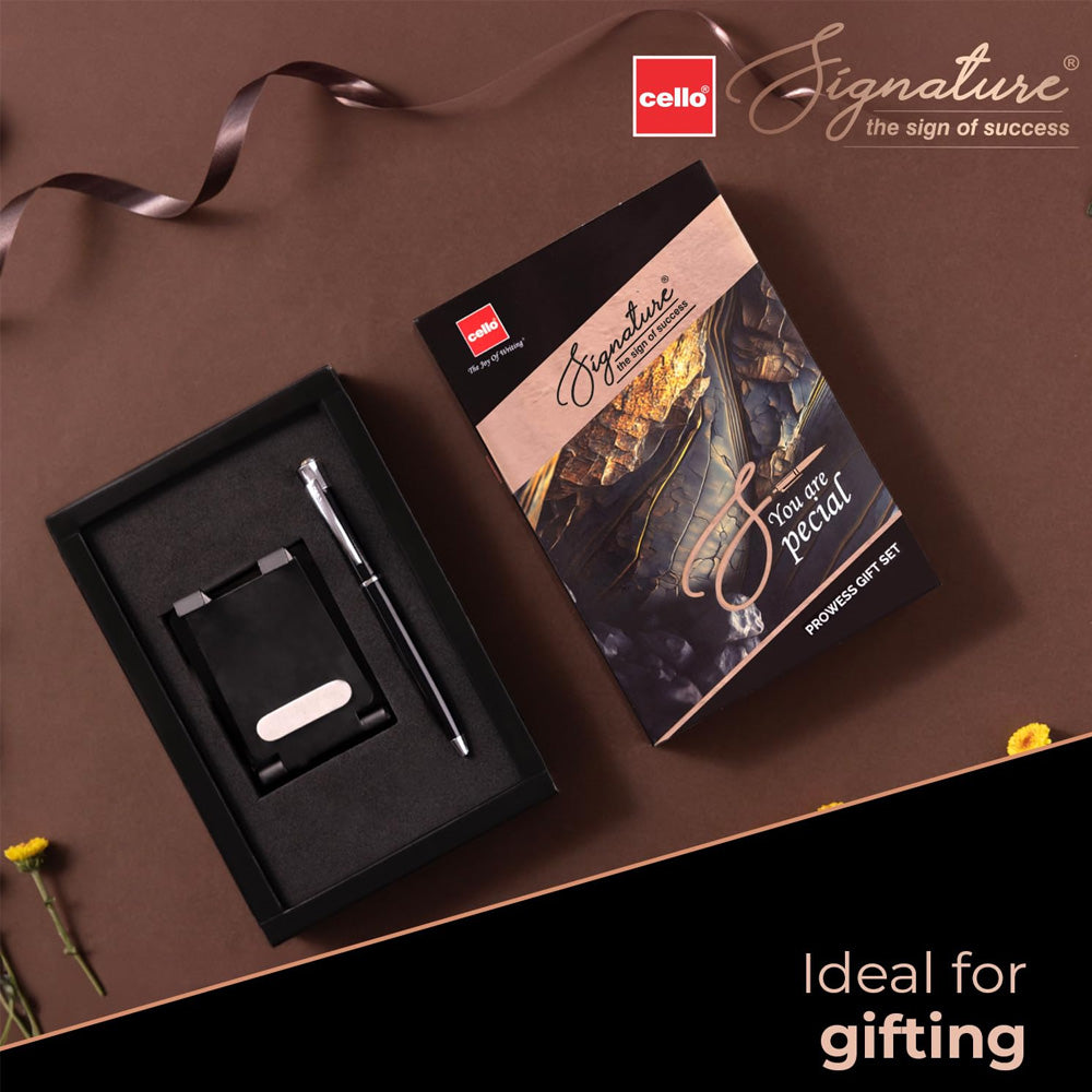 Proudly presenting finely handcrafted textured Signature Optima Ball Pen with twist mechanism and premium German Ink along with Metal mobile stand, which is perfect for an office desk. The Cello Signature Supreme Gift set is inclusive of metallic Carbon slim ball pen and a hardbound A5 notebook. Premium Metal Slim Mobile stand with Optima (Black and silver look) Metal Ball Pen Premium Gift box ideal for gifting Twist Mechanism Metal Pen 0.7mm Tip for fine writing