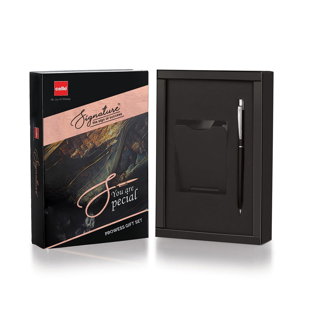 Proudly presenting finely handcrafted textured Signature Optima Ball Pen with twist mechanism and premium German Ink along with Metal mobile stand, which is perfect for an office desk. The Cello Signature Supreme Gift set is inclusive of metallic Carbon slim ball pen and a hardbound A5 notebook. Premium Metal Slim Mobile stand with Optima (Black and silver look) Metal Ball Pen Premium Gift box ideal for gifting Twist Mechanism Metal Pen 0.7mm Tip for fine writing