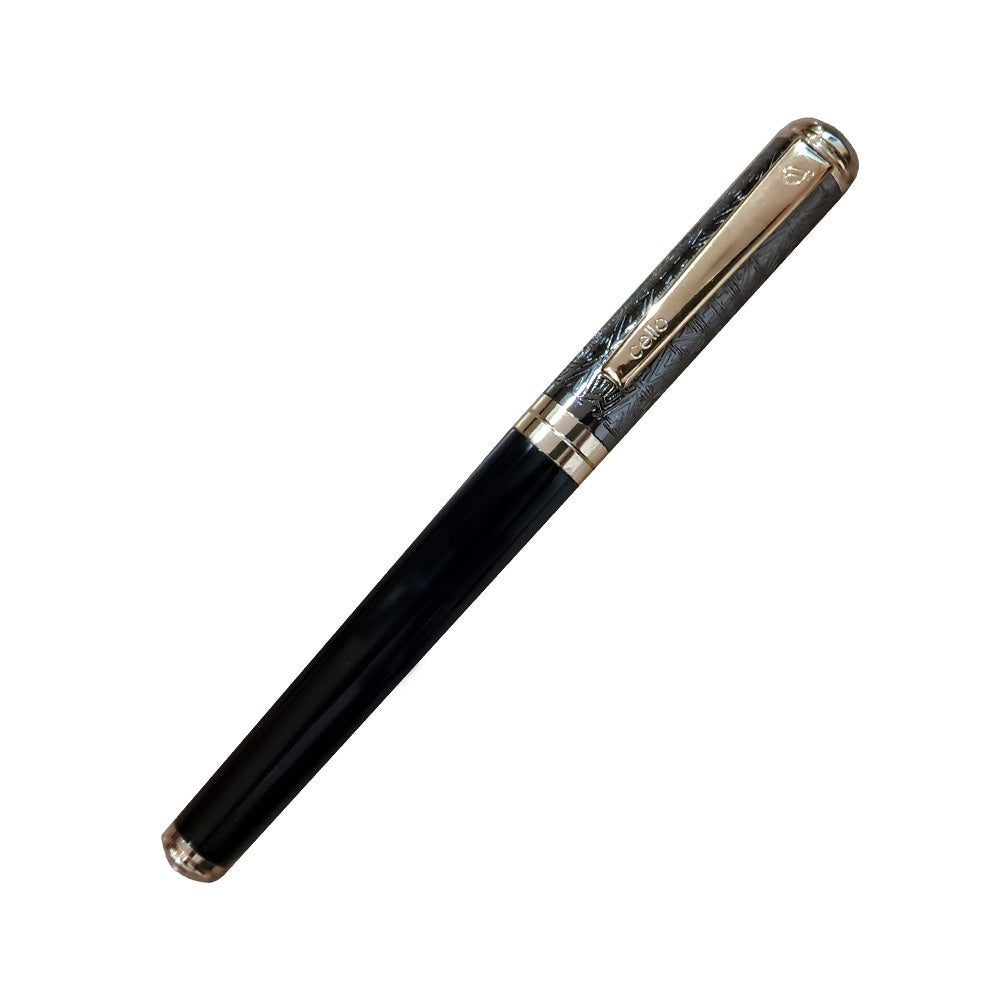 Presenting finely handcrafted textured metal pen with 22K gold plated nib & Cartridge based, ideal for gifting. Premium black & gun metal etched cap with gold-plated trim. Cap on/ cap off mechanism, cartridge based fountain pen. Colours : Black Premium Black and Gun Metal Etched Cap Gold-Plated Trims Pen Opening Mechanism: Cap on/ cap off Body & Design Finish: Glossy Finish Refillable 22K Gold Plated Steel Nib cartridge based fountain pen It has Iridium Tip that ensure smooth writing