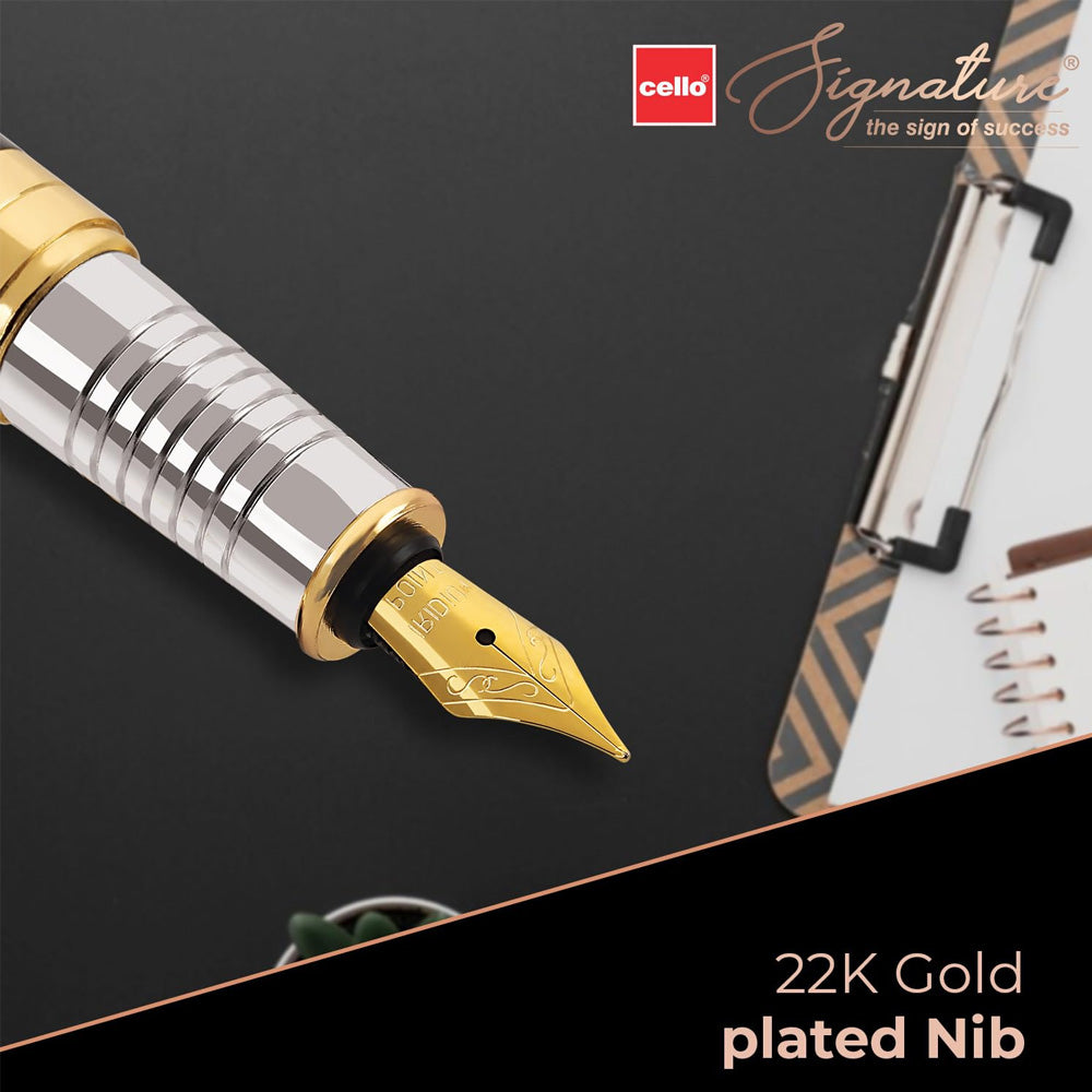 Presenting finely handcrafted textured metal pen with 22K gold plated nib & Cartridge based, ideal for gifting. Premium black & gun metal etched cap with gold-plated trim. Cap on/ cap off mechanism, cartridge based fountain pen. Colours : Black Premium Black and Gun Metal Etched Cap Gold-Plated Trims Pen Opening Mechanism: Cap on/ cap off Body & Design Finish: Glossy Finish Refillable 22K Gold Plated Steel Nib cartridge based fountain pen It has Iridium Tip that ensure smooth writing