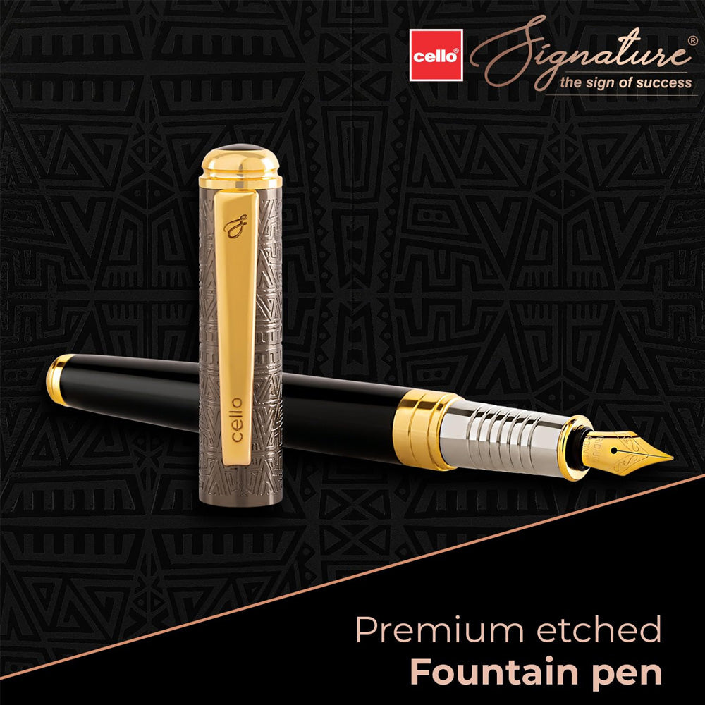 Presenting finely handcrafted textured metal pen with 22K gold plated nib & Cartridge based, ideal for gifting. Premium black & gun metal etched cap with gold-plated trim. Cap on/ cap off mechanism, cartridge based fountain pen. Colours : Black Premium Black and Gun Metal Etched Cap Gold-Plated Trims Pen Opening Mechanism: Cap on/ cap off Body & Design Finish: Glossy Finish Refillable 22K Gold Plated Steel Nib cartridge based fountain pen It has Iridium Tip that ensure smooth writing