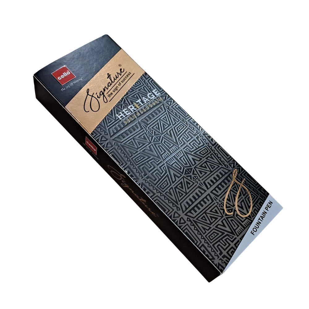 Presenting finely handcrafted textured metal pen with 22K gold plated nib & Cartridge based, ideal for gifting. Premium black & gun metal etched cap with gold-plated trim. Cap on/ cap off mechanism, cartridge based fountain pen. Colours : Black Premium Black and Gun Metal Etched Cap Gold-Plated Trims Pen Opening Mechanism: Cap on/ cap off Body & Design Finish: Glossy Finish Refillable 22K Gold Plated Steel Nib cartridge based fountain pen It has Iridium Tip that ensure smooth writing