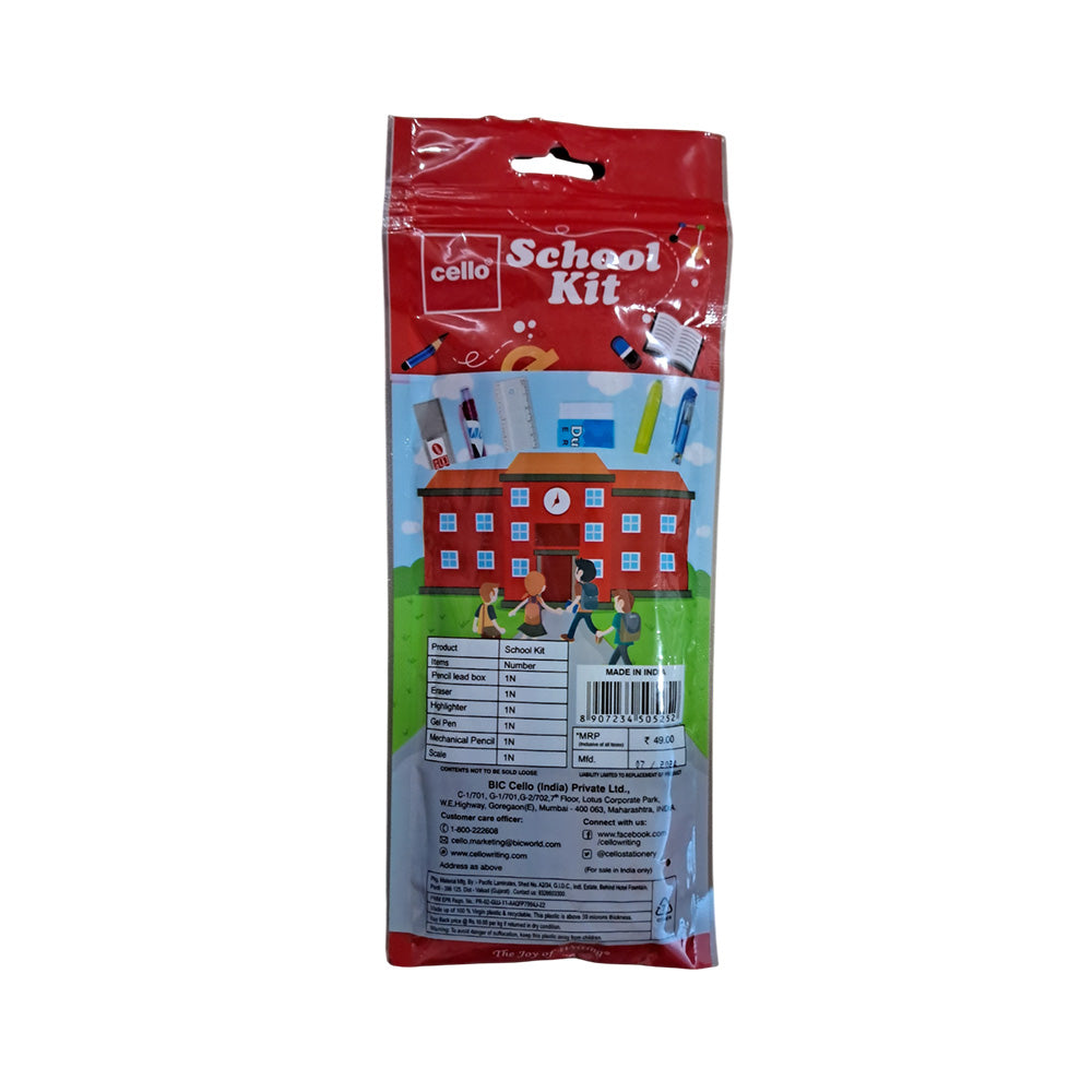 Cello School Set of high quality pan, mechanical pencil, marker and highlighter. Essential stationery kit for all student needs. Suitable for gift. Set of high-quality pens, mechanical pencil, marker and highlighter essential stationery kit for all student requirement. 1 Pencil Lead Box 1 Eraser 1 Highlighter  1 Gel Pen 1 Mechanical Pencil 1 Scale 