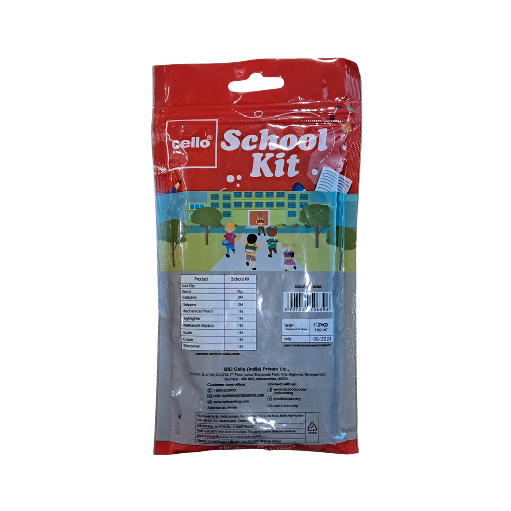 Cello School Set of high quality pan, mechanical pencil, marker and highlighter. Essential stationery kit for all student needs. Suitable for gift. Set of high-quality pens, mechanical pencil, Scale, Eraser, Sharpener, marker and highlighter essential stationery kit for all student requirement. 2 Ballpens 2 Gel Pens 1 Mechanical Pencil 1 Highlighter 1 Permanent Marker 1 Scale 1 Eraser 1 Sharpener