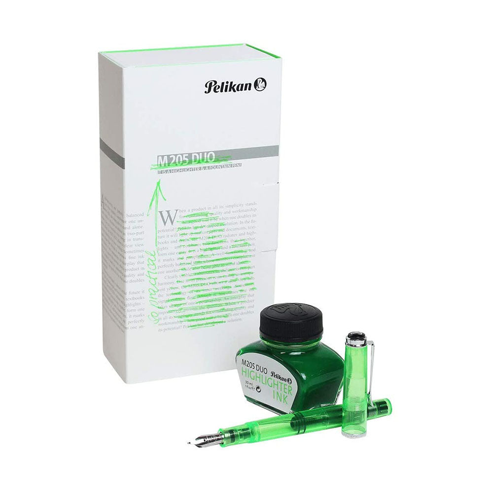 Pelikan Classic M205 DUO Highlighter Shiny Green Fountain Pen with Ink Bottle - Double Broad Nib