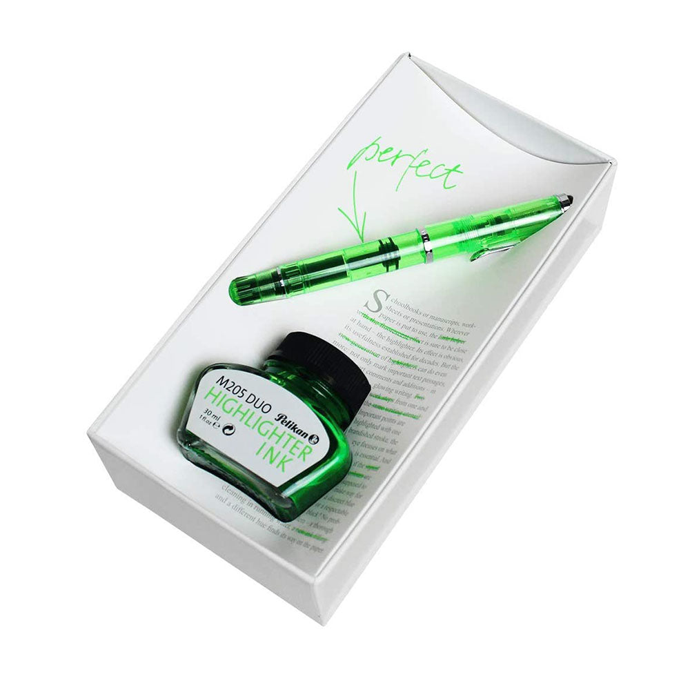 Pelikan Classic M205 DUO Highlighter Shiny Green Fountain Pen with Ink Bottle - Double Broad Nib