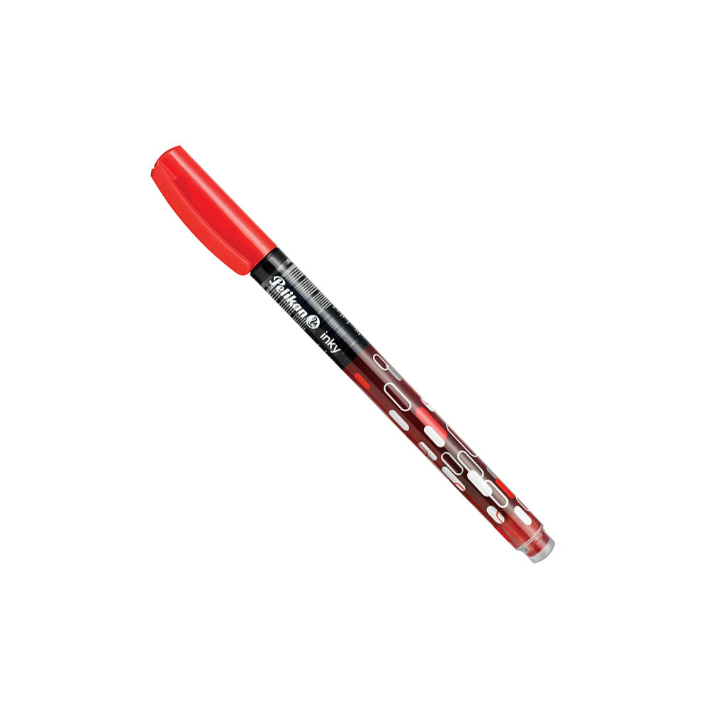 The Inky ink pen in black by Pelikan provides a clean and smooth writing thanks to the Pelikan ink regulation system! Similar to a fountain pen Line width approx 0.5mm Writes cleanly and evenly thanks to ink flow control system Blue ink is erasable For school and office New modern design In four colour in combo pack: 3 blue, 1 green, 1 red and 2 black