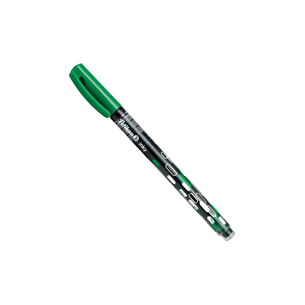 The Inky ink pen in black by Pelikan provides a clean and smooth writing thanks to the Pelikan ink regulation system! Similar to a fountain pen Line width approx 0.5mm Writes cleanly and evenly thanks to ink flow control system Blue ink is erasable For school and office New modern design In four colour in combo pack: 3 blue, 1 green, 1 red and 2 black