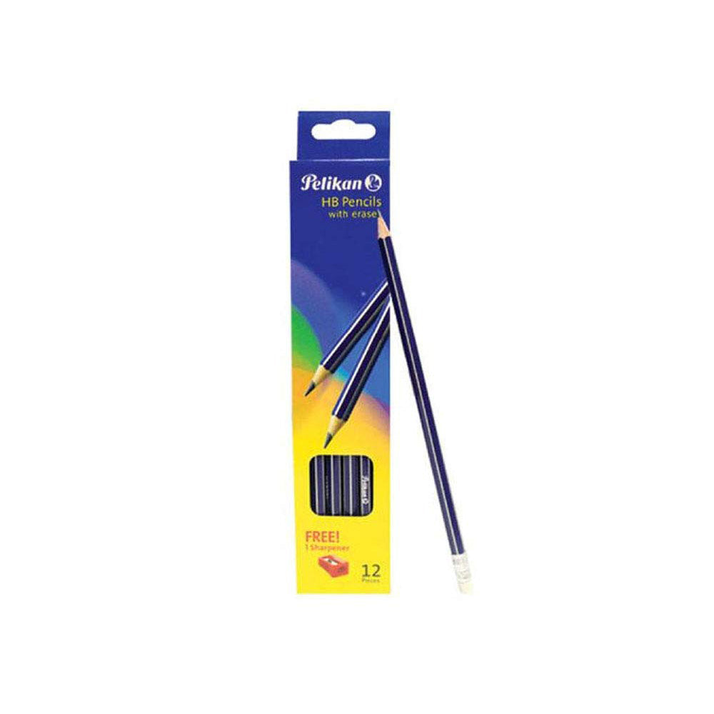 Pelikan HB Pencil with Eraser and Sharpener Pelikan pencils in 2B / B / HB, with eraser. School standard pencils with hardness grade 2B, B and HB., FSC 100%, with break-resistant lead. 12pcs in the box. HB Pencil FSC 100% with break-resistant lead. 12 pcs in the box Made in Germany