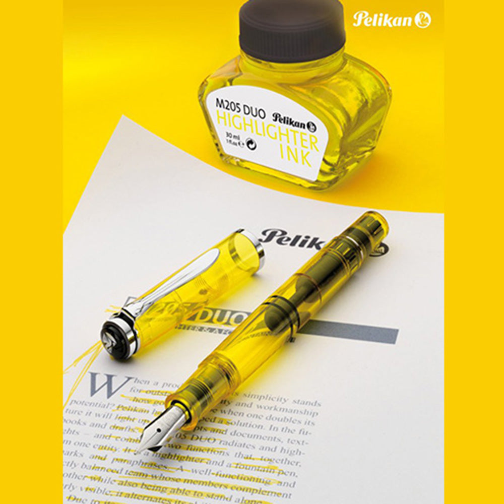 Pelikan Classic M205 DUO Highlighter Yellow Fountain Pen with Ink Bottle - Double Broad Nib