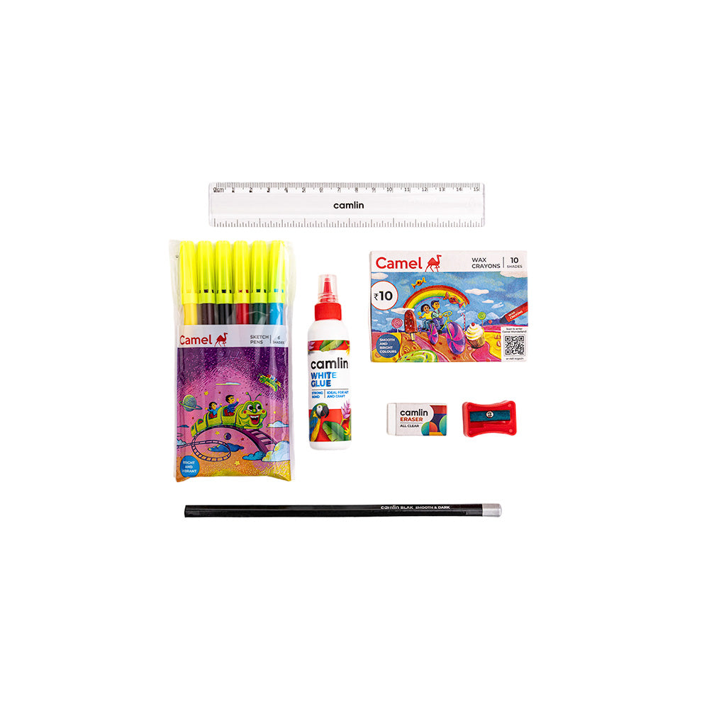 Pursue your creativity with a curated set of art instruments designed to help unleash your imagination., Compact packaging, Ideal for gifting young artists, Non-toxic and safe for children, 100% vegan. Non-toxic and safe for children Ideal for gifting young artists Compact packaging 100% vegan Wax crayons - Pack of 10 shades, Sketch pens - Pack of 6 shades, Black pencil, Eraser Regular, Sharpener Regular, Scale 15cm, White glue 22.5 g Pack of 4 Country of Origin: India