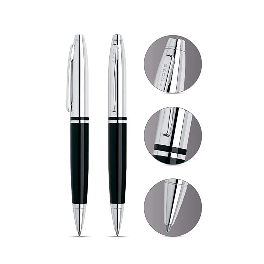 CALAIS - HAND CANDY Share the simple pleasure of a classic, everyday pen in a modern way. A corporate gifting best seller for Cross, Calais stands the test of time with clean, uncomplicated lines borrowed from Art Deco design. The large profile provides ample room for displaying your brand, complemented by shining chrome accents. Chrome & Black Lacquer Lustrous chrome cap with black lacquer barrel polished chrome appointments Swivel-action propel or repel feature Presented in a gift box
