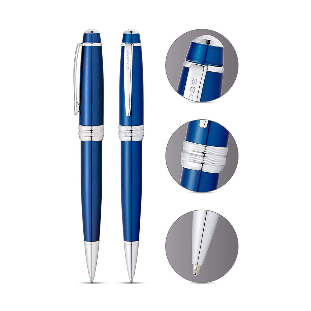 Bailey Collection Executive quality and style Bailey was designed with an eye for detail. From its multi-grooved chrome center ring with patterned engravings to its sleek, modern clip, it exudes a distinct style that’s sure to be noticed. Swivel-action propel/repel feature Blue lacquer finish with polished chrome appointments Specially formulated Cross ink flows flawlessly for a superior writing experience Includes 1 Black Medium Ballpoint Refill (#8513) in pen.