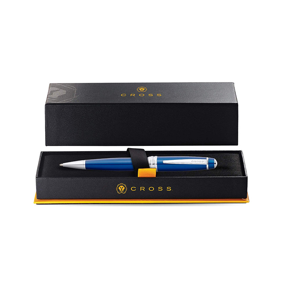 Bailey Collection Executive quality and style Bailey was designed with an eye for detail. From its multi-grooved chrome center ring with patterned engravings to its sleek, modern clip, it exudes a distinct style that’s sure to be noticed. Swivel-action propel/repel feature Blue lacquer finish with polished chrome appointments Specially formulated Cross ink flows flawlessly for a superior writing experience Includes 1 Black Medium Ballpoint Refill (#8513) in pen.