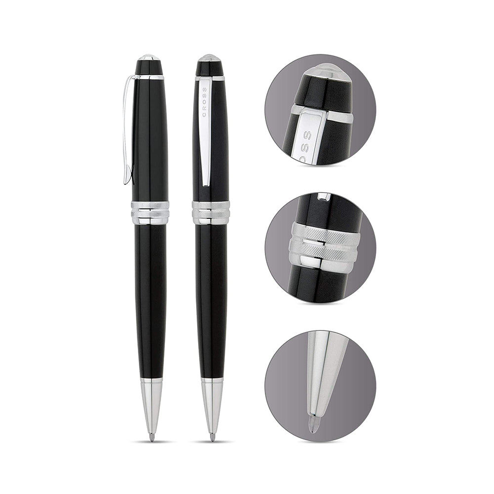 Bailey was designed with an eye for detail. From its multi-grooved chrome center ring with patterned engravings to its sleek, modern clip, it exudes a distinct style that's sure to be noticed. Bailey Lacquer  Traditional, well-balanced design Distinctive cap-over-barrel styling Multi-groove center ring with a deep-cut engraving Rich Black Lacquer finish Chrome-plated appointments Patented twist-action propel/repel feature Includes 1 Black Medium Ballpoint Refill (#8513) in pen. Premium gift box