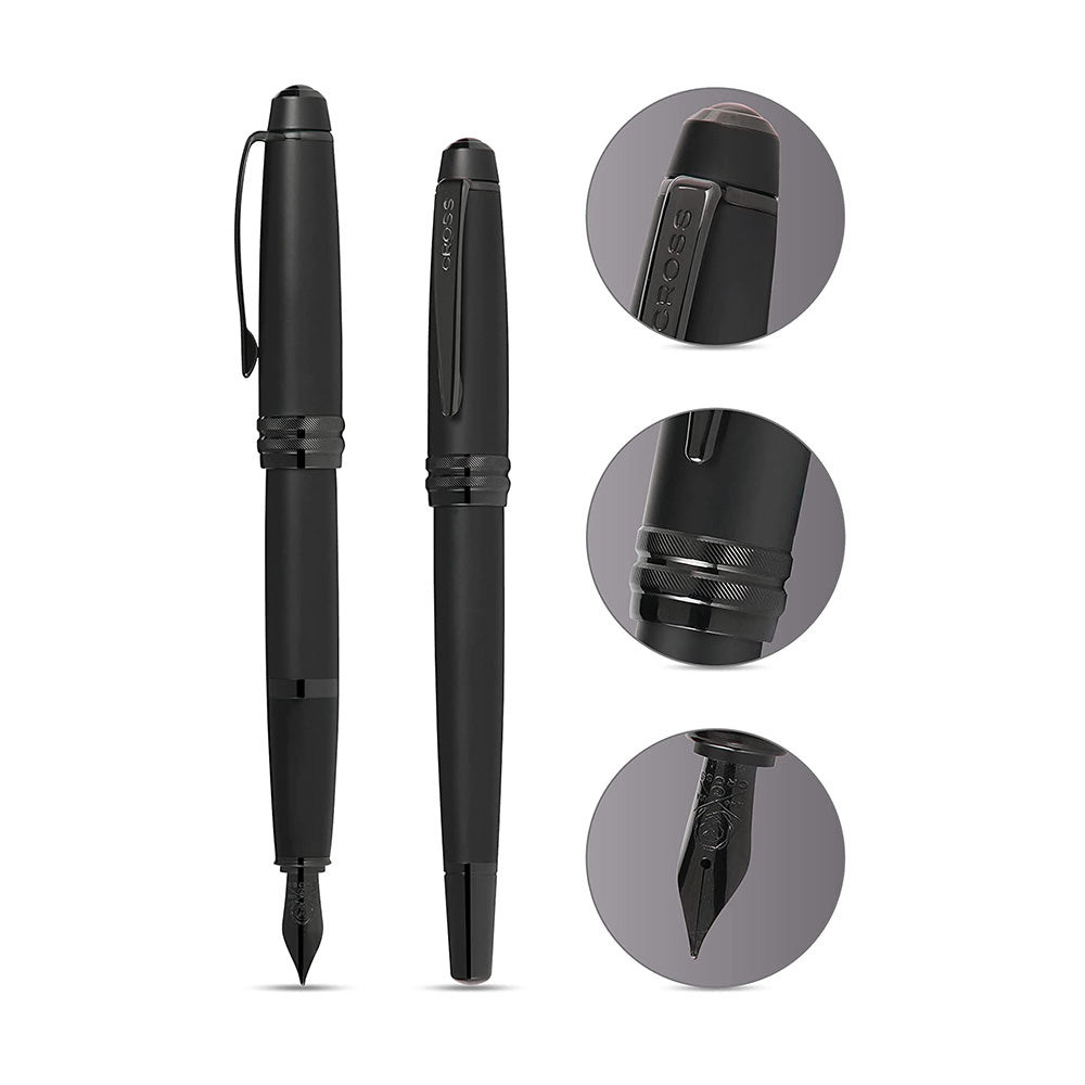 Cross Bailey Matte Black Lacquer with Polished Black PVD Fountain Pen - Fine Nib