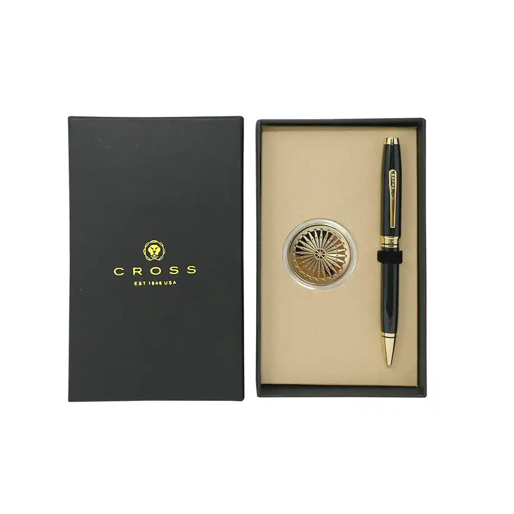 Cross Coventry Black Lacquer with Gold-Tone Ballpoint Pen With Chakra Coin
