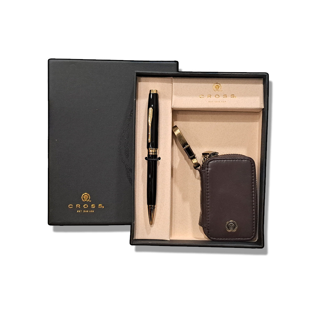 Cross Coventry Black Lacquer with Gold-Tone Ballpoint Pen With Brown Key Holder