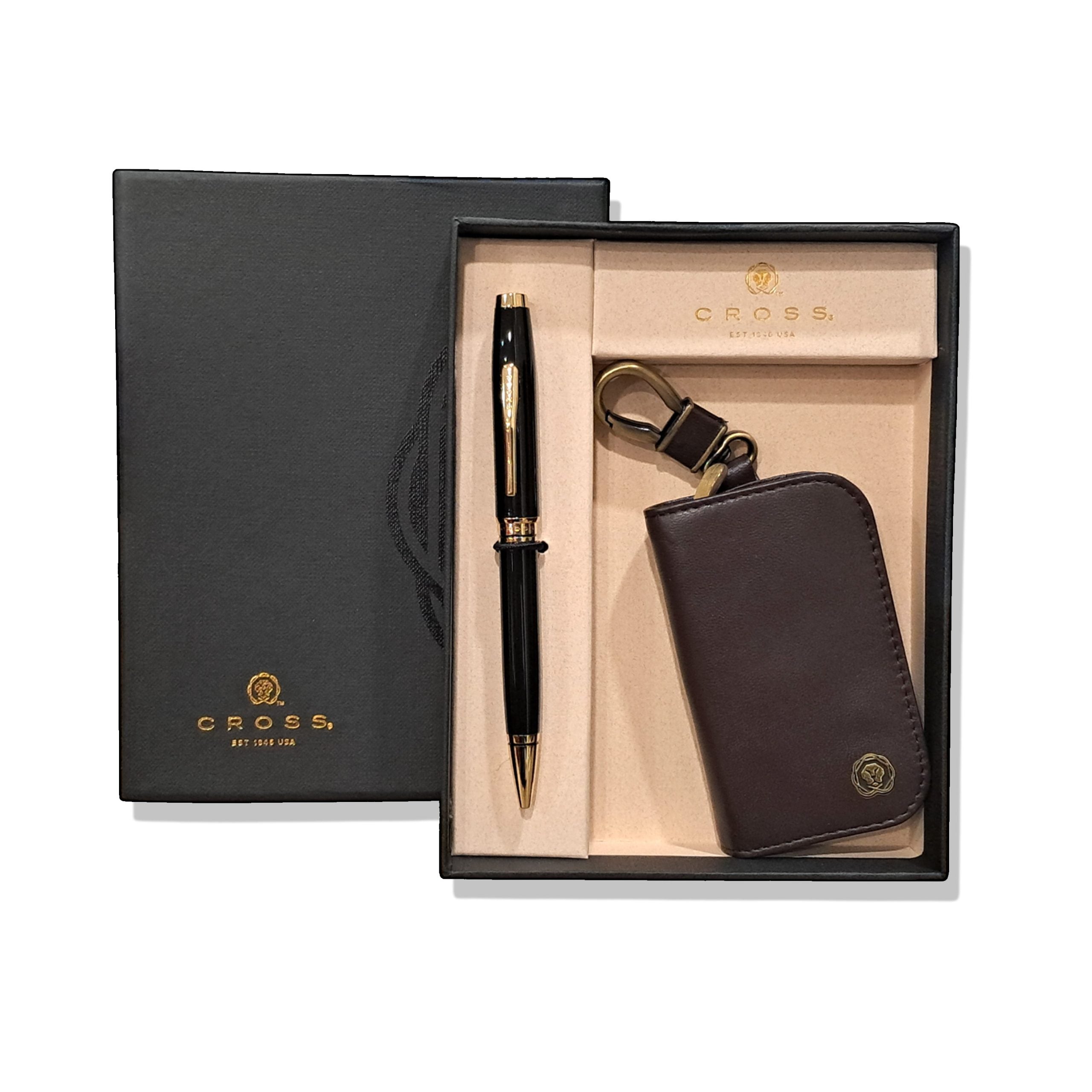Cross Coventry Black Lacquer with Gold-Tone Ballpoint Pen With Brown Key Holder