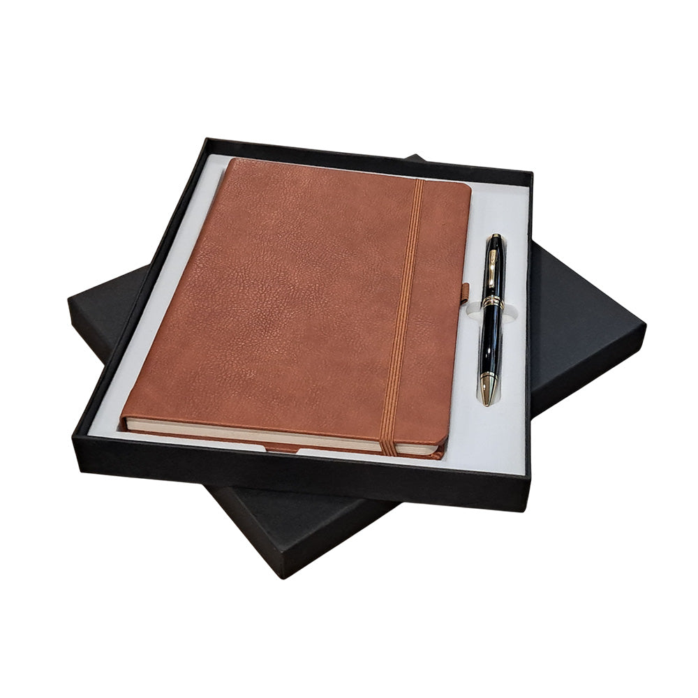 Cross Coventry Black Lacquer with Gold-Tone Ballpoint Pen with A5 Tan Notebook