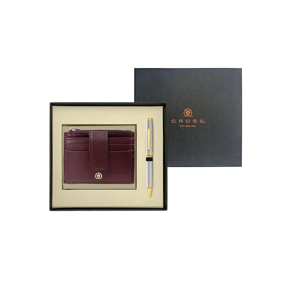 Cross Coventry Shiny Chrome GT Ballpoint Pen With Brown Card Holder