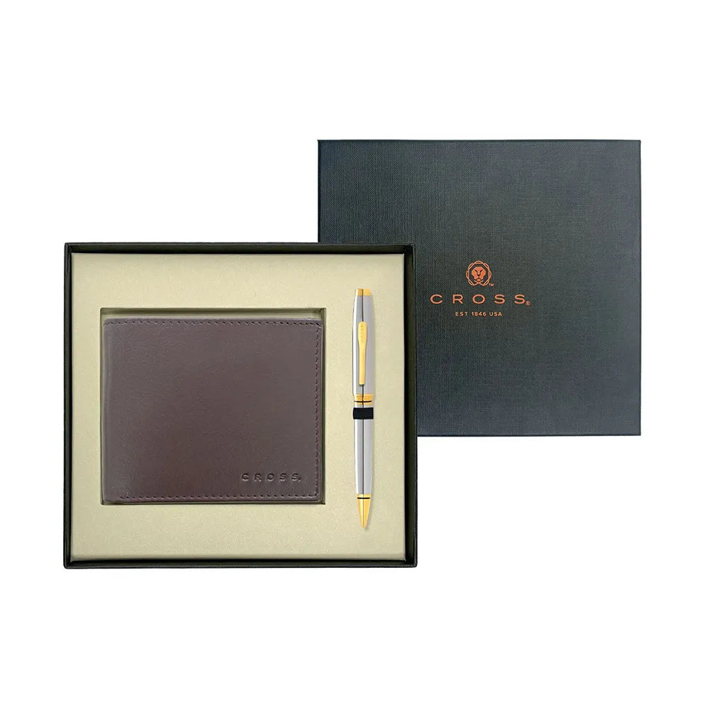 Cross Coventry Polished Chrome GT Ballpoint Pen With Brown Card Wallet