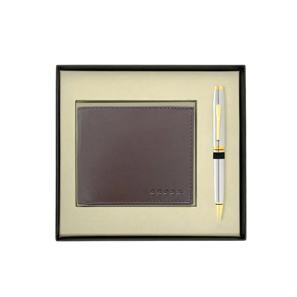 Cross Coventry Polished Chrome GT Ballpoint Pen With Brown Card Wallet