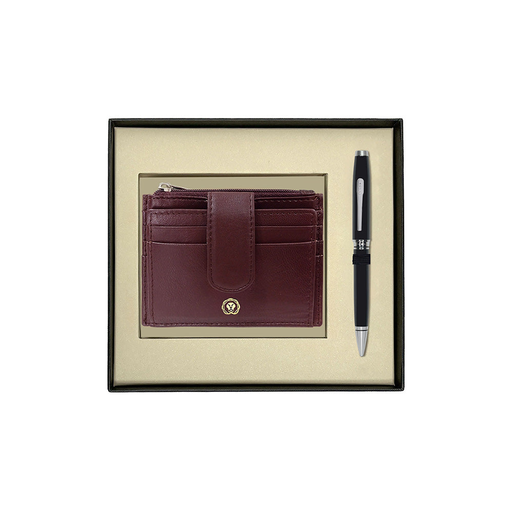 Cross Coventry Black Lacquer CT Ballpoint Pen With Brown Card Holder