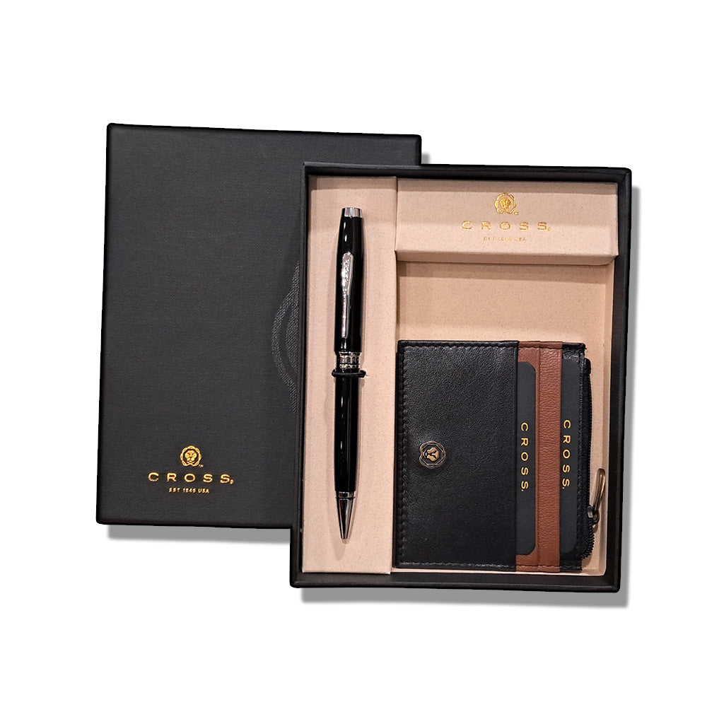 Cross Coventry Black Lacquer Chrome Trim Ballpoint Pen With Zip Card Holder