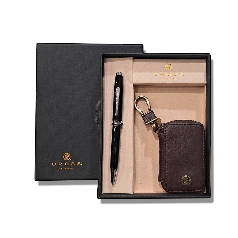 Cross Coventry Black Lacquer Chrome Trim Ballpoint Pen With Black Card Case
