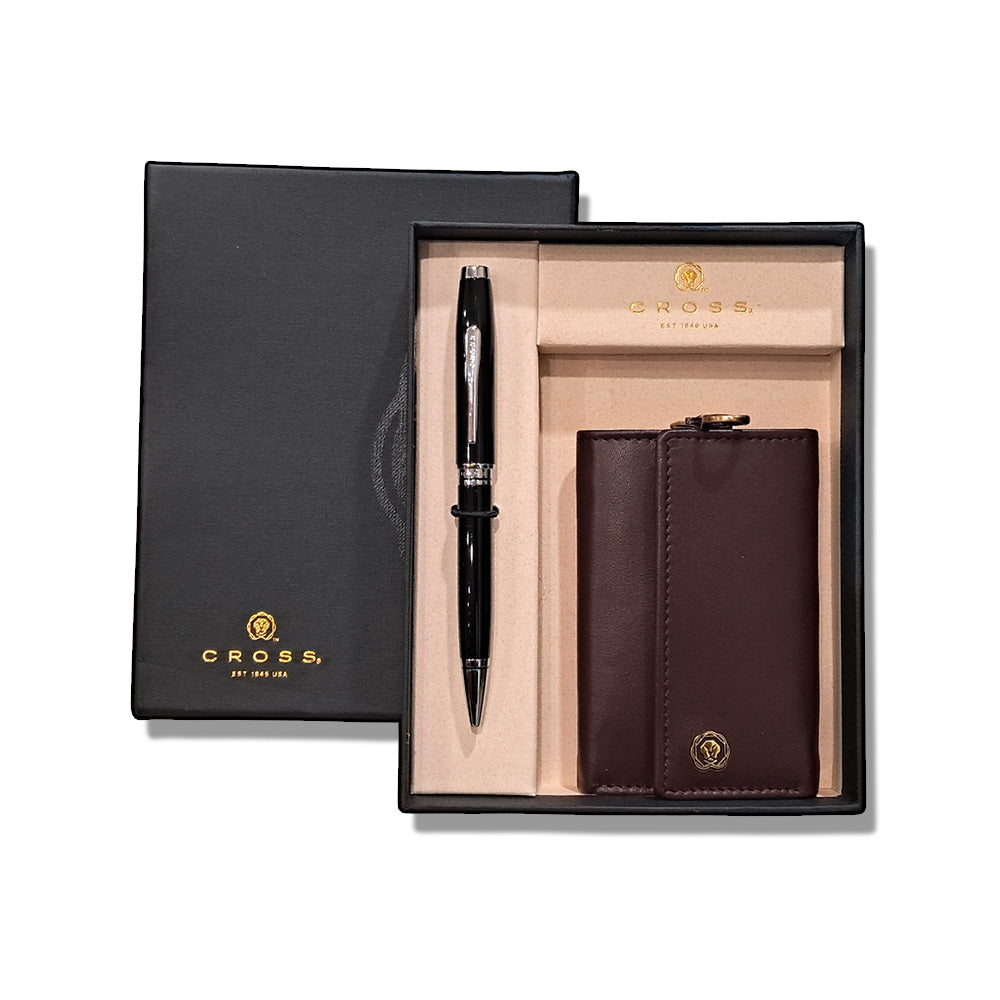 Cross Coventry Black Lacquer Chrome Trim Ballpoint Pen With Brown Executive Key Holder