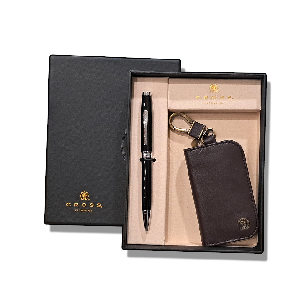Cross Coventry Black Lacquer Chrome Trim Ballpoint Pen With Brown Key Holder