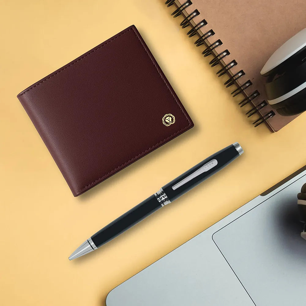 Cross Coventry Black Lacquer CT Ballpoint Pen with Brown Card Wallet
