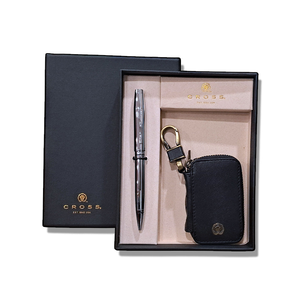 Cross Coventry Polished Chrome Ballpoint Pen With With Black Key Holder