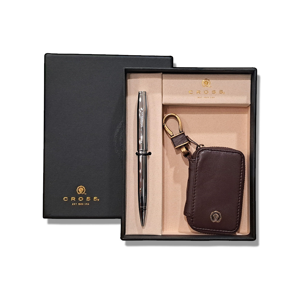 Cross Coventry Polished Chrome Ballpoint Pen With With Brown Key Holder