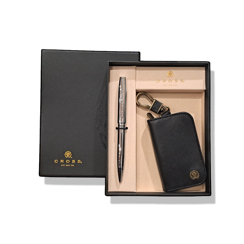 Cross Coventry Polished Chrome Ballpoint Pen With Black Key Holder