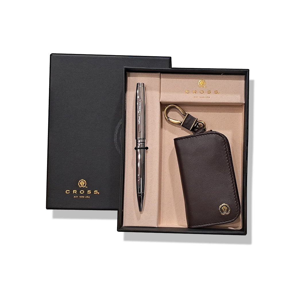 Cross Coventry Polished Chrome Ballpoint Pen With Brown Key Holder